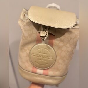 Coach Beige Signature Canvas Backpack with Pink Stripe Accent